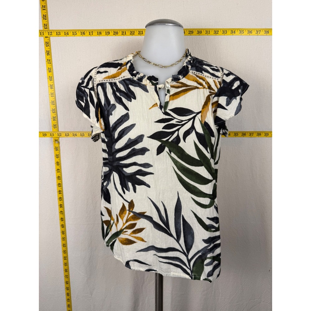 Cassee's Blouse Women Medium Ivory Boho Tropical Leaf Cotton Linen Cottagecore